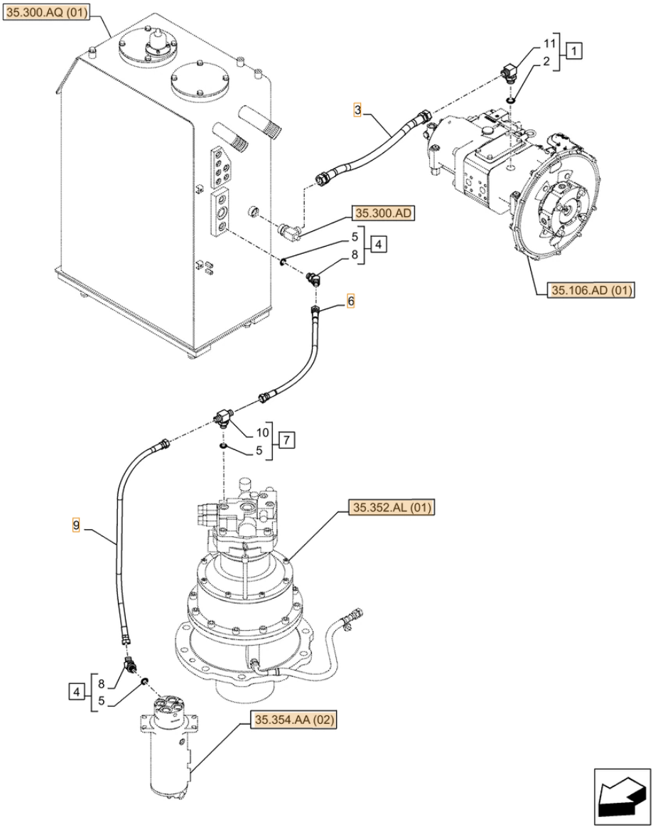 Case CX250D NLC installation diagram showing hydraulic hose 163805A1 at Pipe No. 6