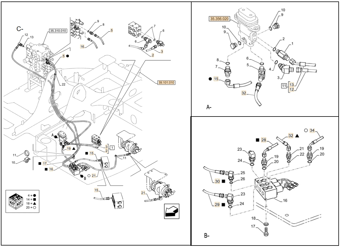 Case CX75C SR installation diagram showing hydraulic hose KHJ2084 at Pipe No. B28-C15