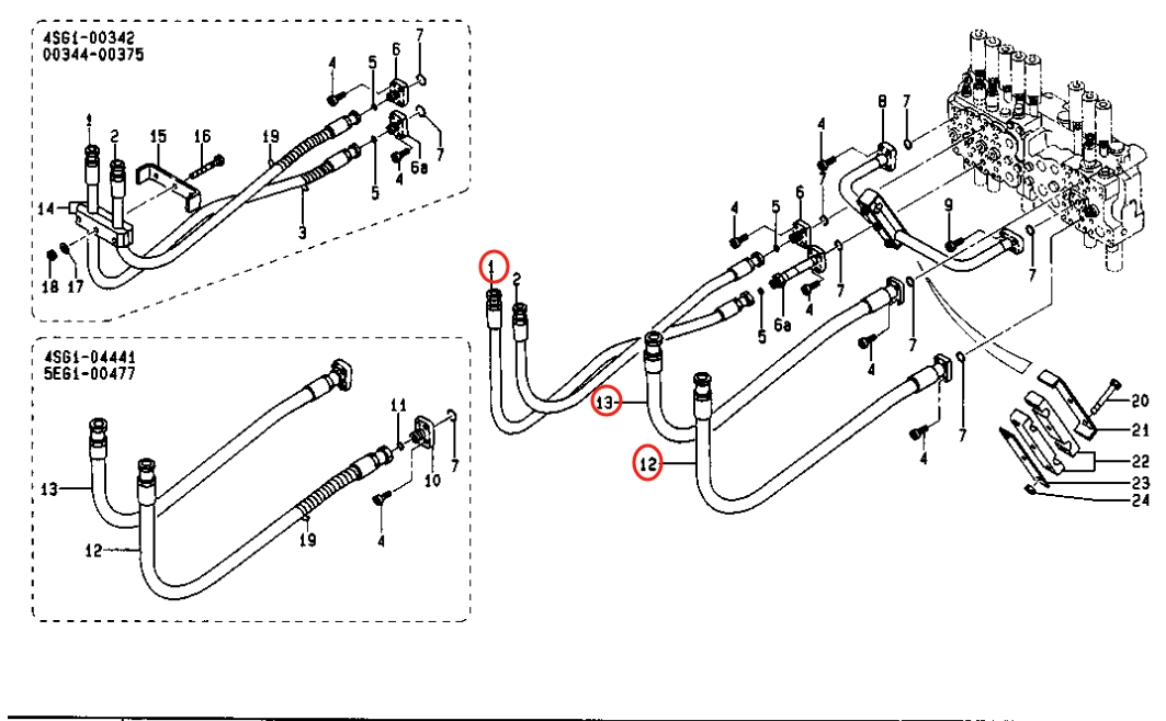 Caterpillar CAT®EL200B installation diagram showing hydraulic hose 096-4913 at Pipe No. 1