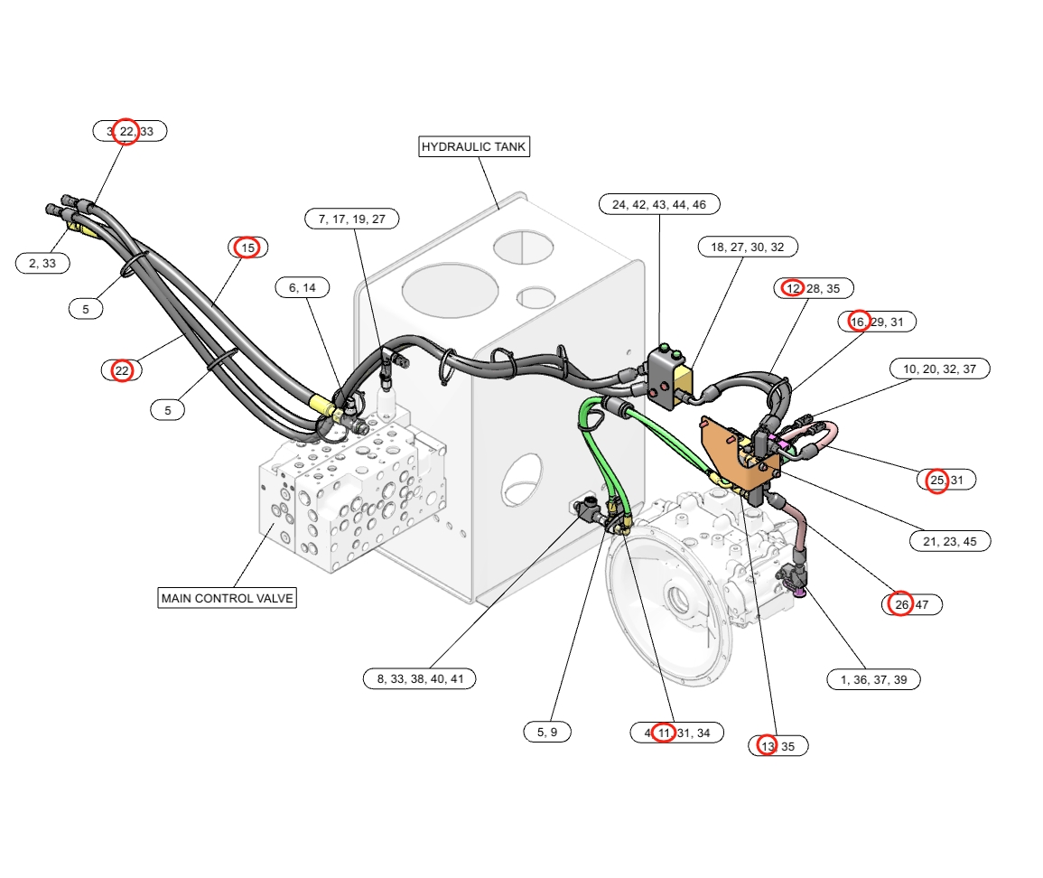 Caterpillar CAT®316F L installation diagram showing hydraulic hose 350-0840 at Pipe No. 15