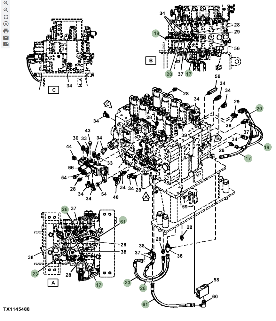 Hitachi ZX670LC-5G installation diagram showing hydraulic hose 4635248 at Pipe No. 23
