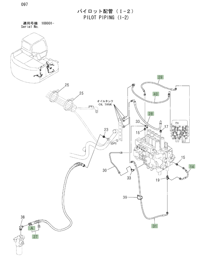 Hitachi ZX225USLC installation diagram showing hydraulic hose 4445718 at Pipe No. 40