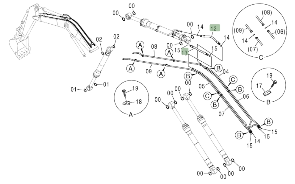 Hitachi ZX370 installation diagram showing hydraulic hose 4387252 at Pipe No. 12