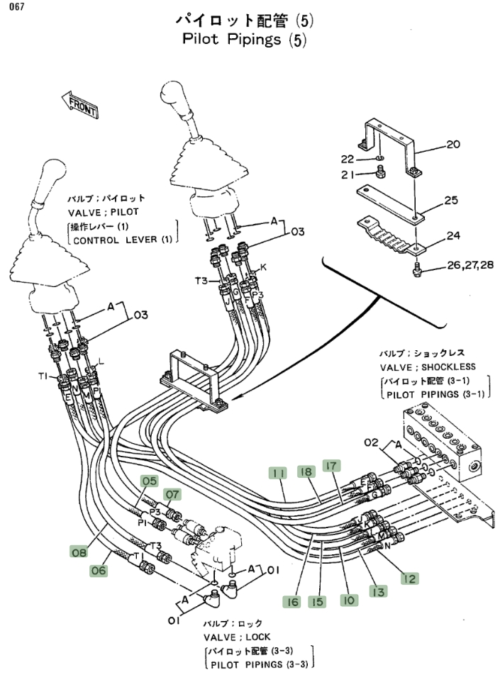 Hitachi EX100 installation diagram showing hydraulic hose 4203035 at Pipe No. 16