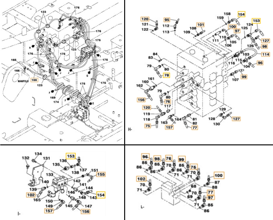 Case CX470C installation diagram showing hydraulic hose 159228A1 at Pipe No. 97