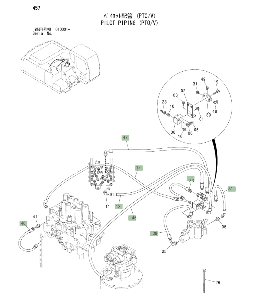 Hitachi ZX230 installation diagram showing hydraulic hose 4402701 at Pipe No. 40