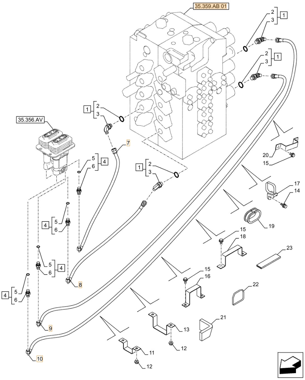 Case CX490D LC installation diagram showing hydraulic hose KHJ2165 at Pipe No. 7
