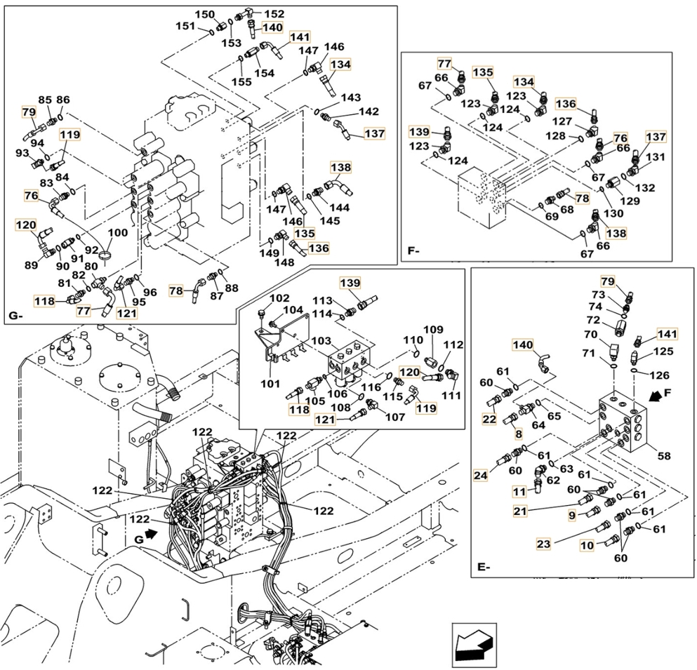 Case CX210C installation diagram showing hydraulic hose KHJ11580 at Pipe No. 138