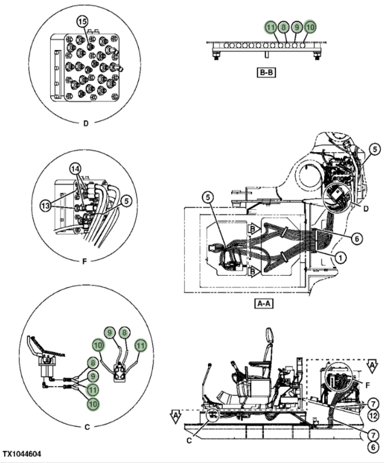 Hitachi ZX290F-3 installation diagram showing hydraulic hose 4607990 at Pipe No. 10
