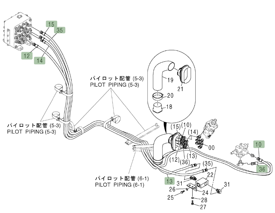 Hitachi ZX450LC installation diagram showing hydraulic hose 4484032 at Pipe No. 35