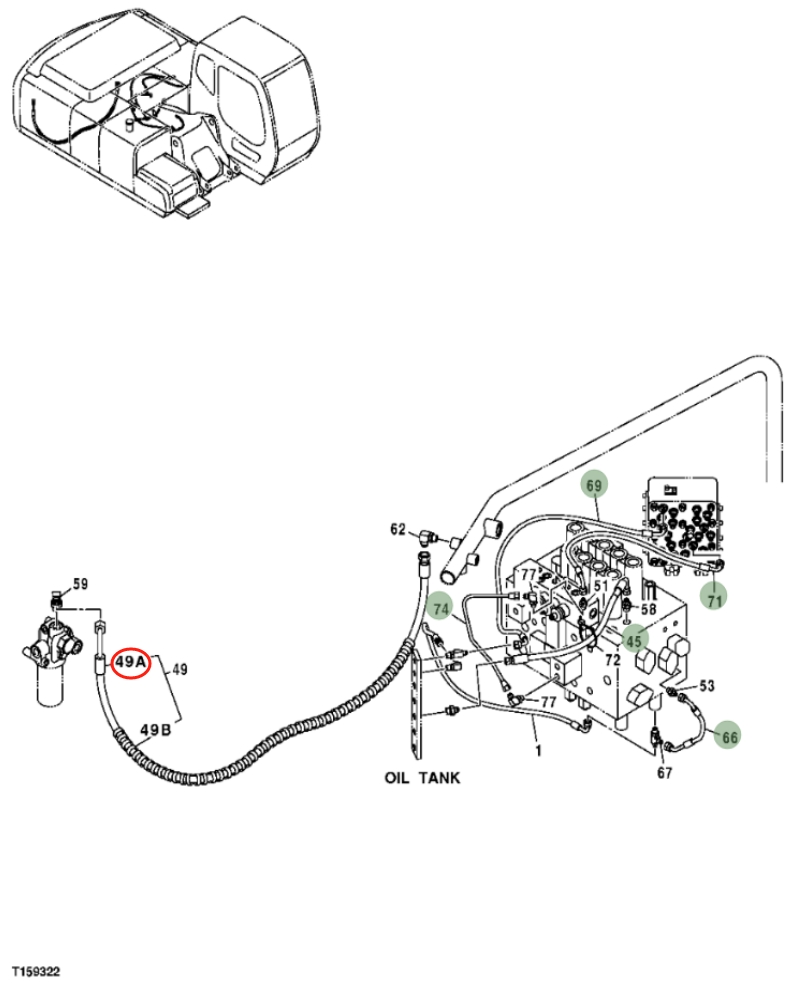 Hitachi ZX250F installation diagram showing hydraulic hose 4331726 at Pipe No. 49A