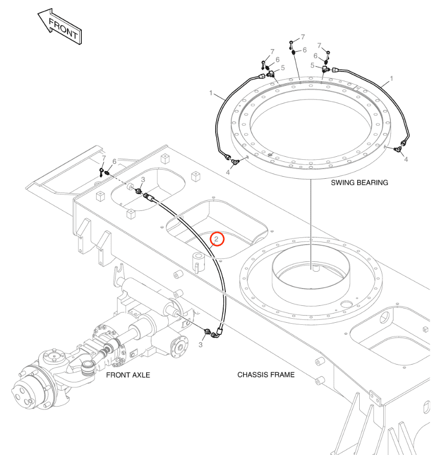 Doosan E57W installation diagram showing hydraulic hose DS2093017 at Pipe No. 2