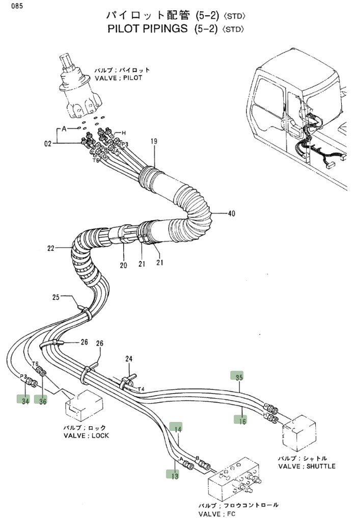 Hitachi EX100M-3 installation diagram showing hydraulic hose 4287546 at Pipe No. 36