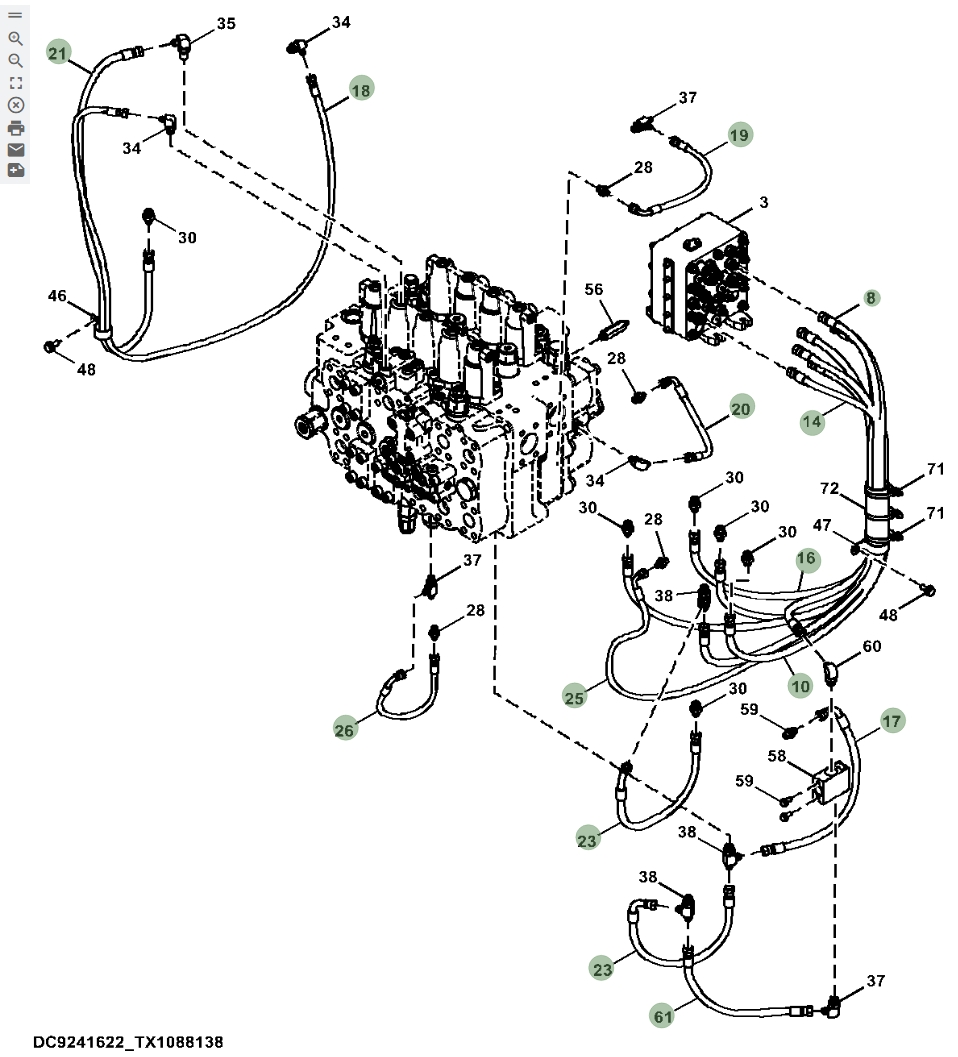 Hitachi ZX670LC-5B installation diagram showing hydraulic hose 4609135 at Pipe No. 14
