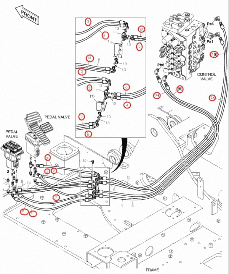Doosan DX140LCR-3 installation diagram showing hydraulic hose DS2121052 at Pipe No. 3