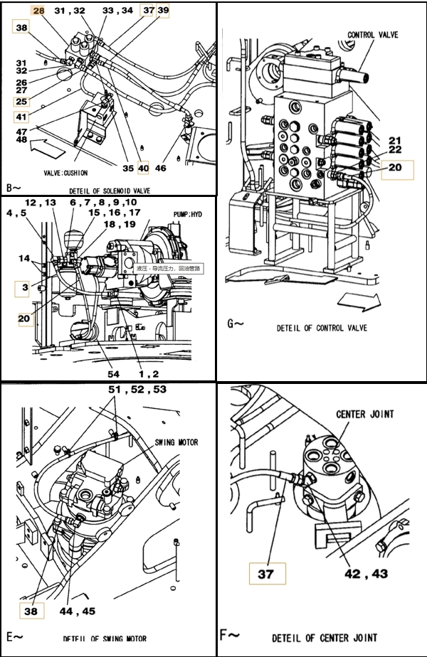 Case CX75SR installation diagram showing hydraulic hose KHJ2066 at Pipe No. 38