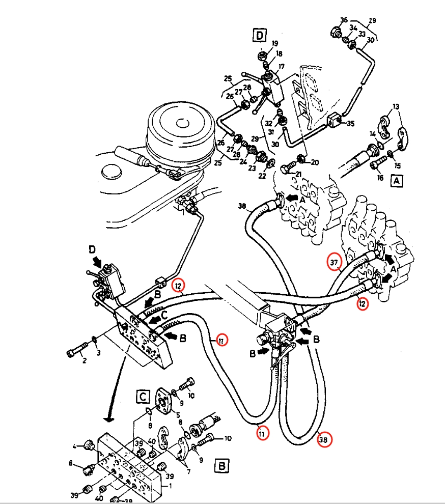 Caterpillar CAT®205 installation diagram showing hydraulic hose 5W-4903 at Pipe No. 38