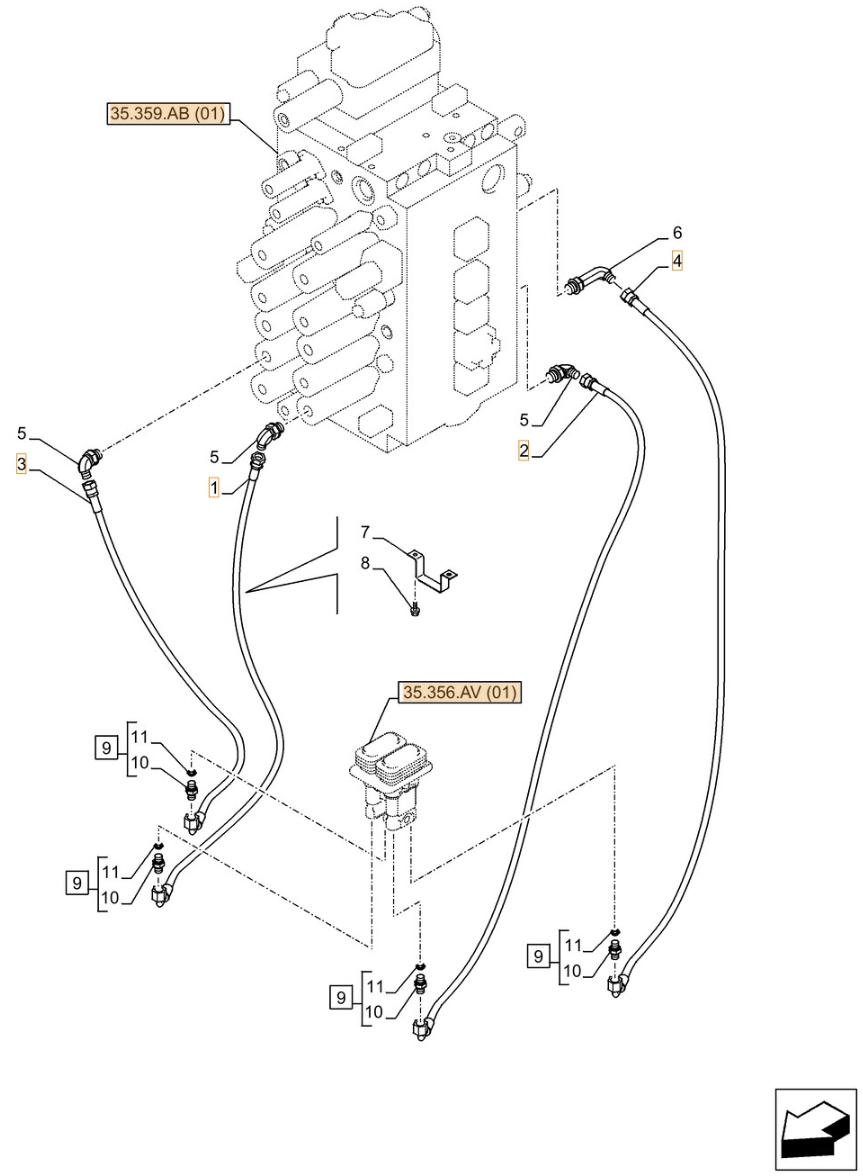 Case CX350D NLC installation diagram showing hydraulic hose KHJ18020 at Pipe No. 2