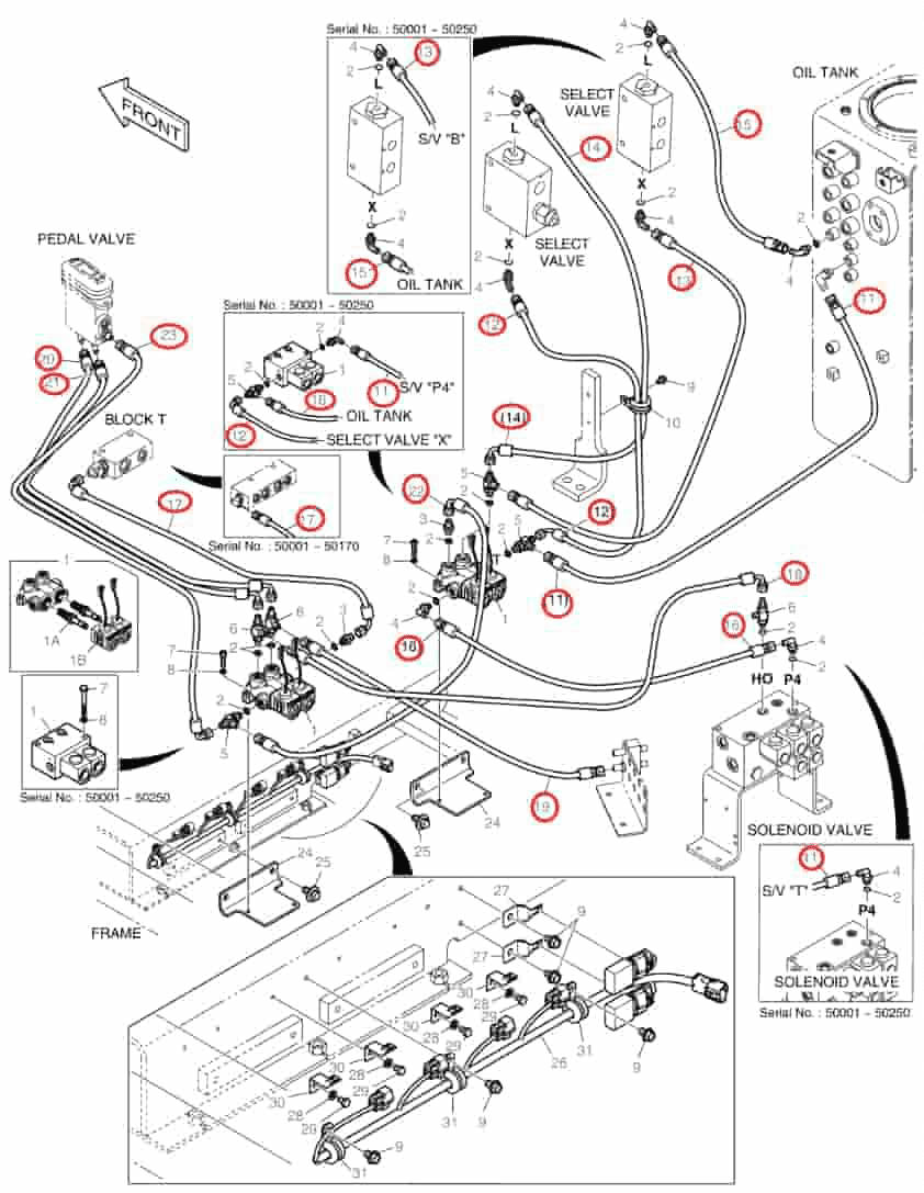Doosan DX140LC installation diagram showing hydraulic hose DS2094122 at Pipe No. 16