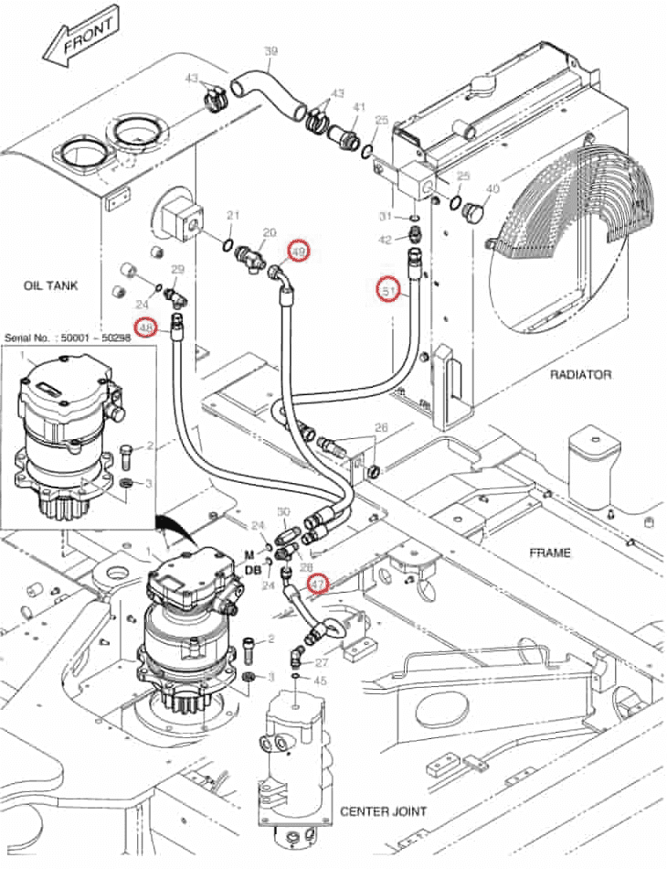 Doosan DX55 installation diagram showing hydraulic hose 2184-1036D68 at Pipe No. 47