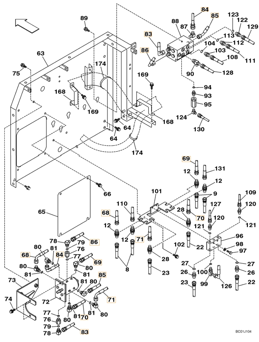 Case CX210N installation diagram showing hydraulic hose 168411A1 at Pipe No. 71