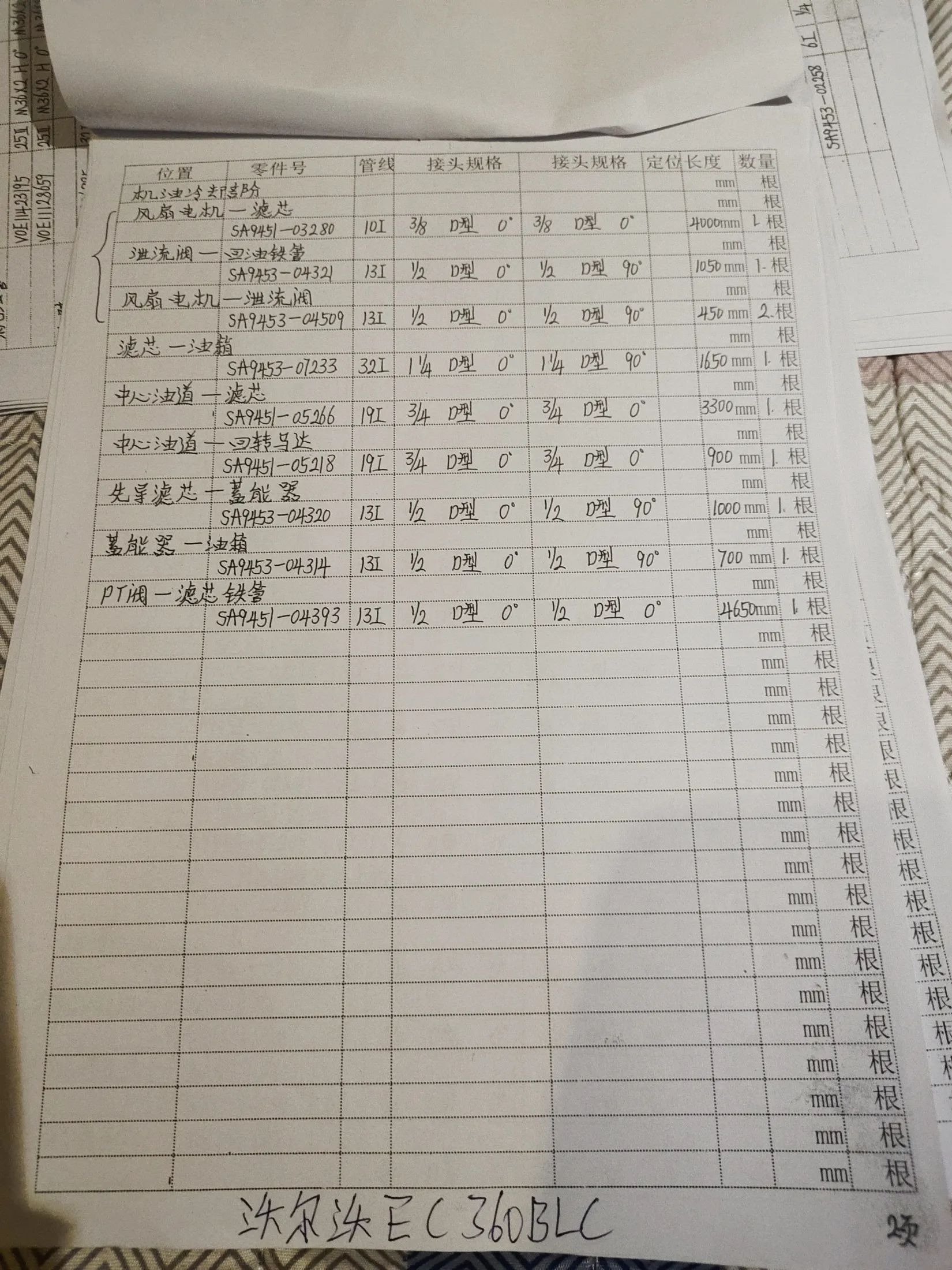 Volvo 85001--85181 hydraulic hose part numbers and recorded lengths — technician notebook page 2 of 5 — recorded hose parts SA945-03280, SA945-05200, SA9451-0439313I