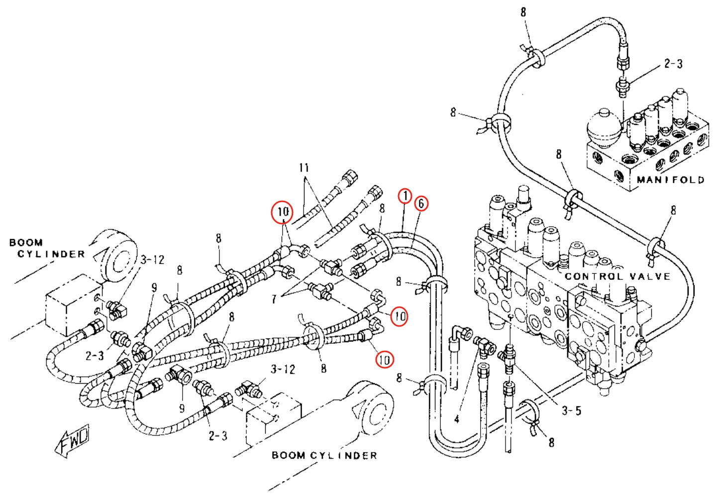 Caterpillar CAT®315B L installation diagram showing hydraulic hose 4I-6242 at Pipe No. 1