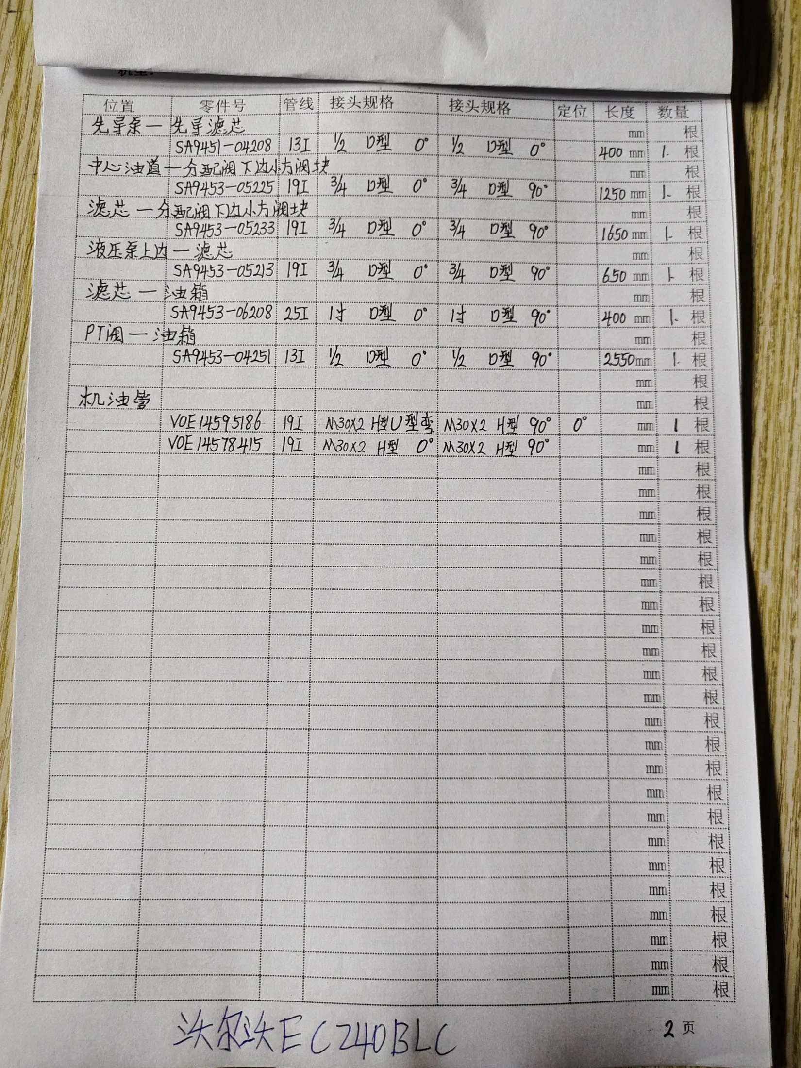 Volvo EC240BL hydraulic hose part numbers and recorded lengths — technician notebook page 2 of 5 — recorded hose parts SA945-04200, SA9453-0425, SA9453-0522519I