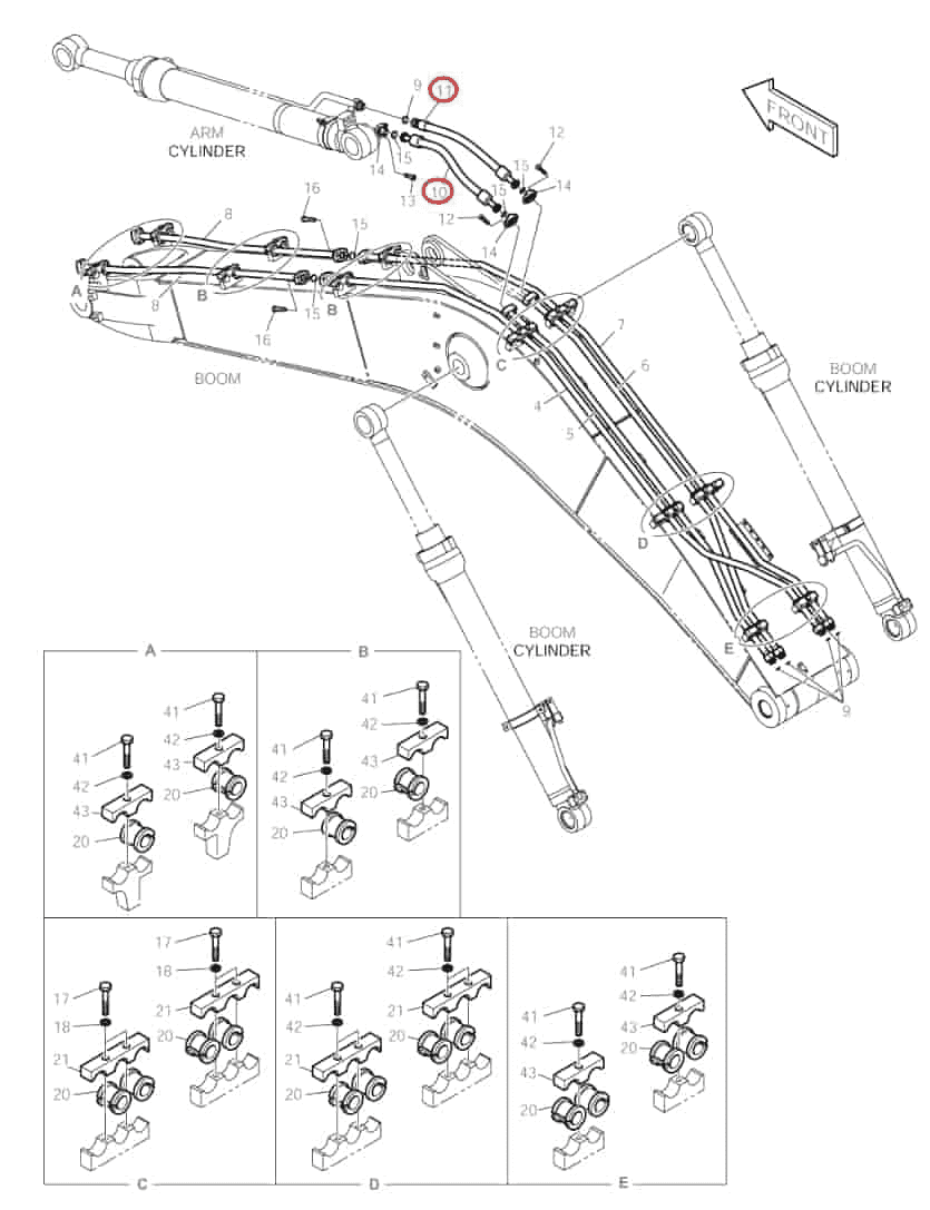 Doosan DX140LC installation diagram showing hydraulic hose DS2016061 at Pipe No. 11