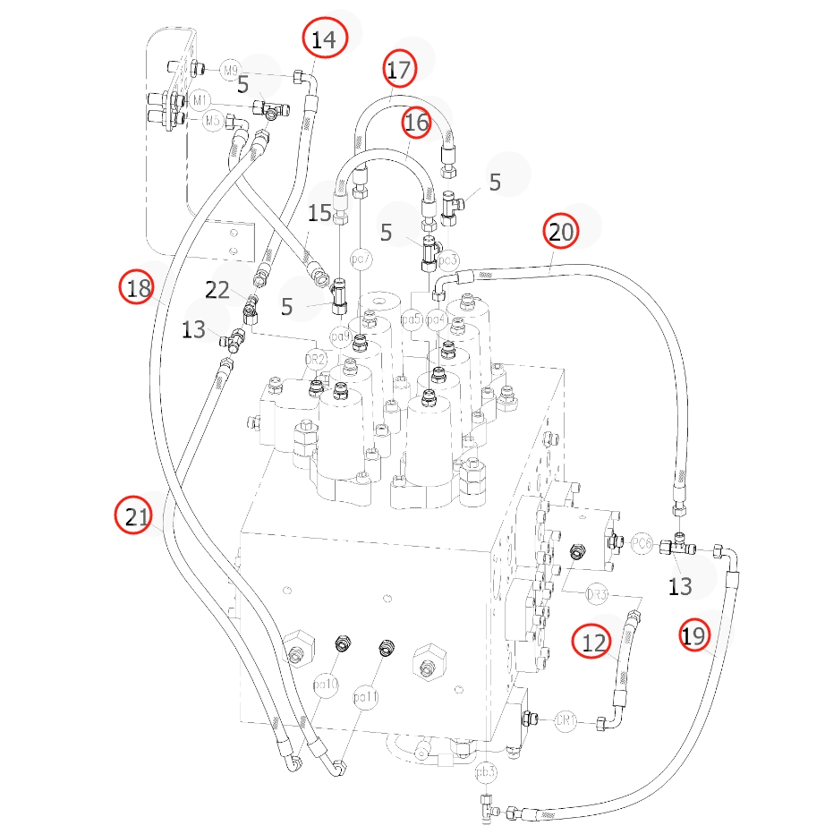 Sunward SWE365-3H installation diagram showing hydraulic hose 730502001142 at Pipe No. 12
