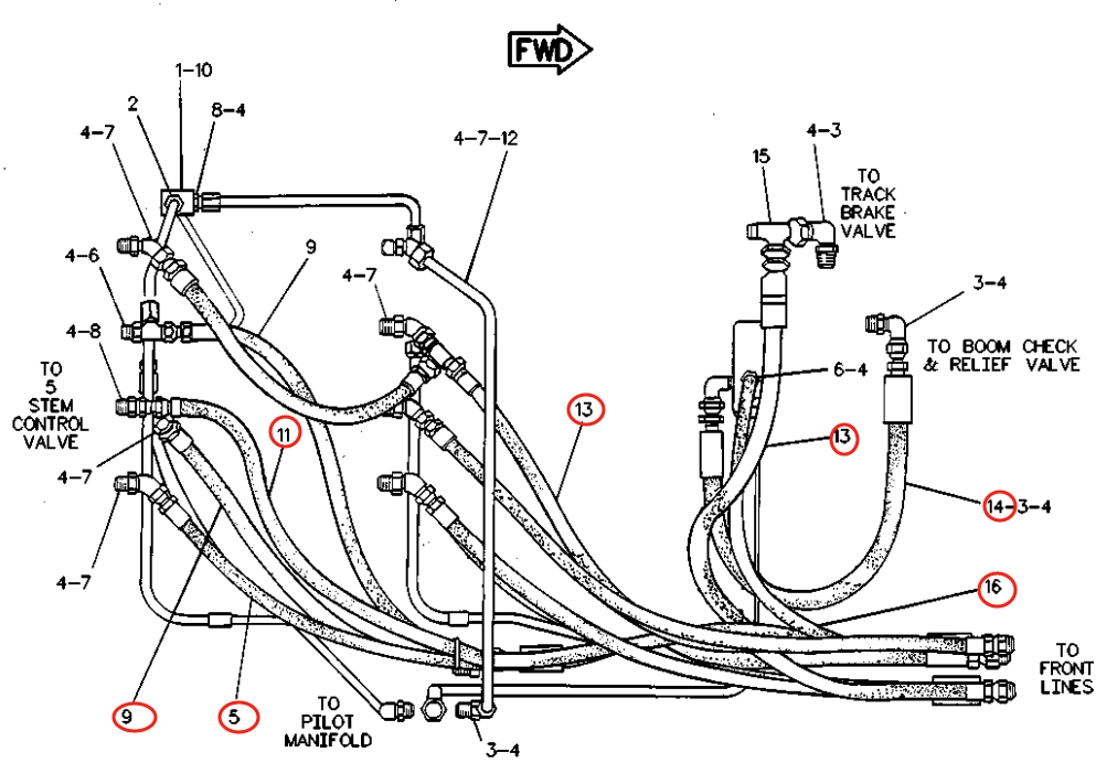 Caterpillar CAT®215D installation diagram showing hydraulic hose 5C-4391 at Pipe No. 14
