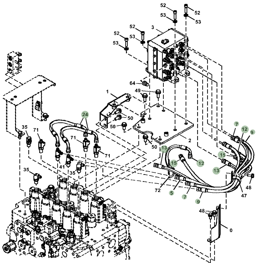 Hitachi ZX470-5A installation diagram showing hydraulic hose 4436269 at Pipe No. 24