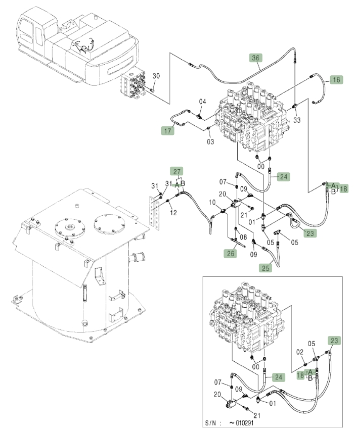 Hitachi ZX450LC installation diagram showing hydraulic hose 4367008 at Pipe No. 18A