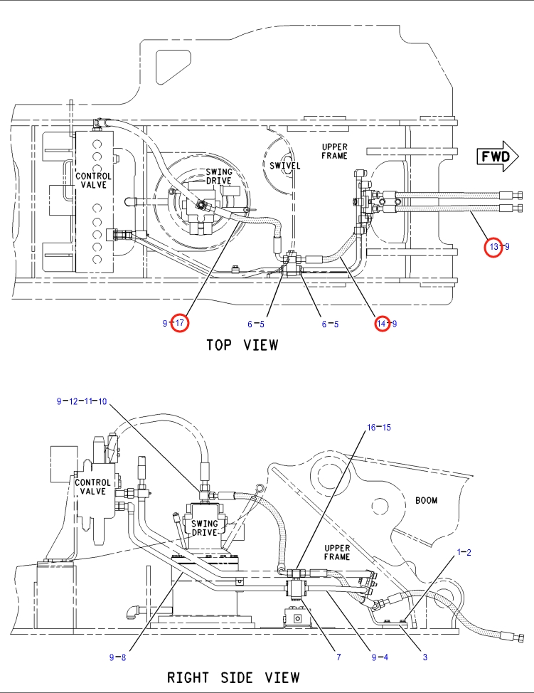 Caterpillar CAT®318B N installation diagram showing hydraulic hose 121-6318 at Pipe No. 13