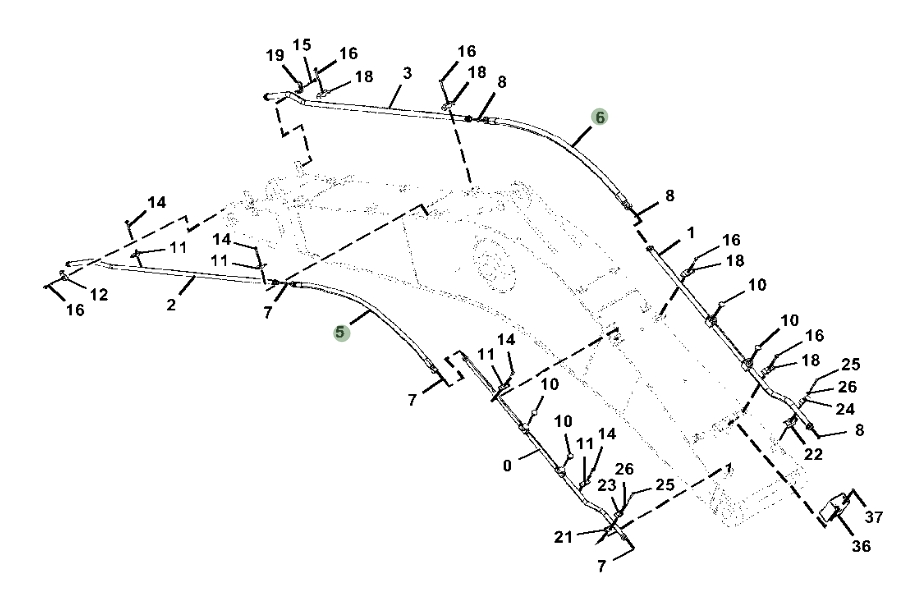 Hitachi ZX380LC-5N installation diagram showing hydraulic hose 4650195 at Pipe No. 6