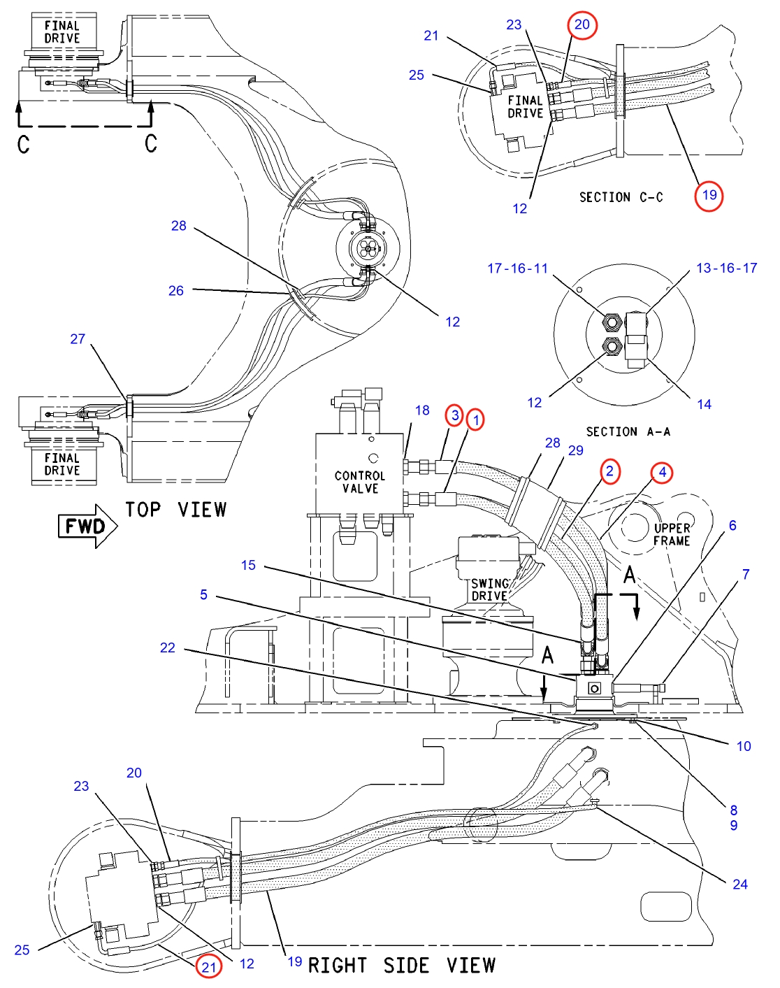 Caterpillar CAT®312C L installation diagram showing hydraulic hose 179-7778 at Pipe No. 20