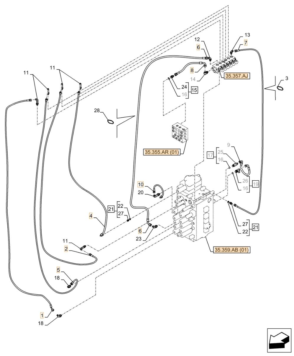 Case CX370D NLC installation diagram showing hydraulic hose KHJ2190 at Pipe No. 7