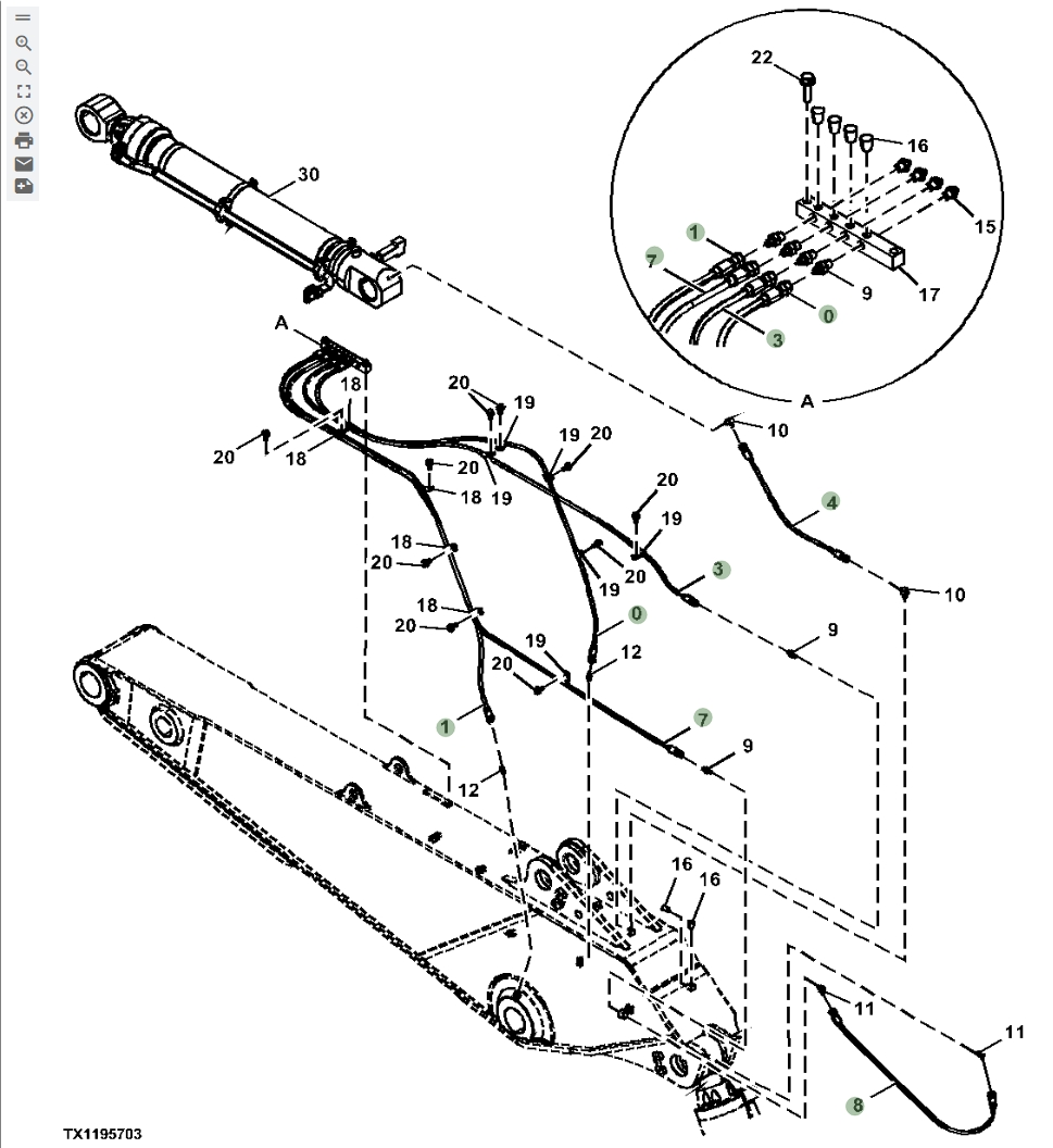 Hitachi ZX870LC-5B installation diagram showing hydraulic hose 4203102 at Pipe No. 4