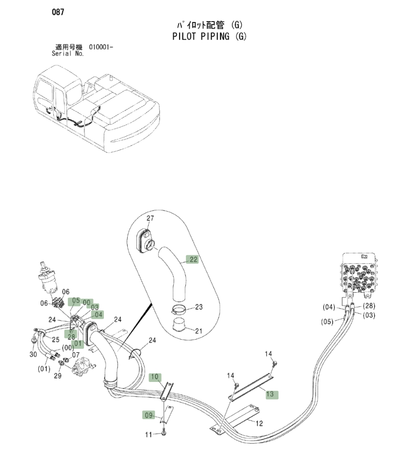 Hitachi ZX230 installation diagram showing hydraulic hose 4437634 at Pipe No. 3
