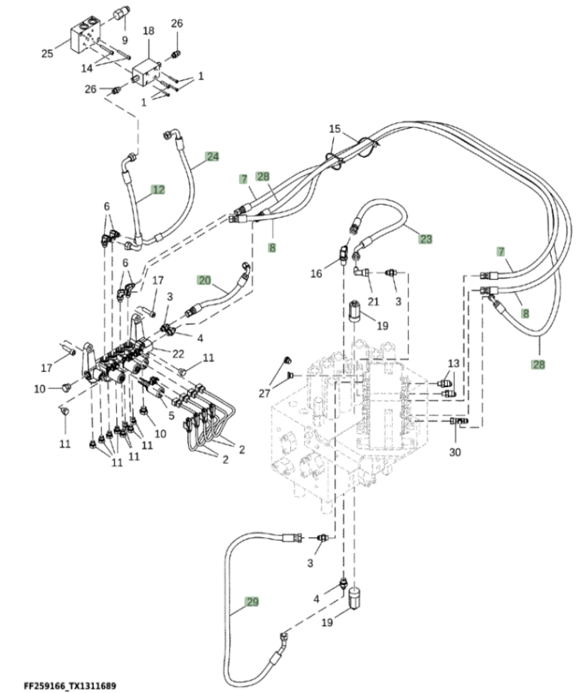 Hitachi ZX310F-FE-6N installation diagram showing hydraulic hose FF502640 at Pipe No. 8