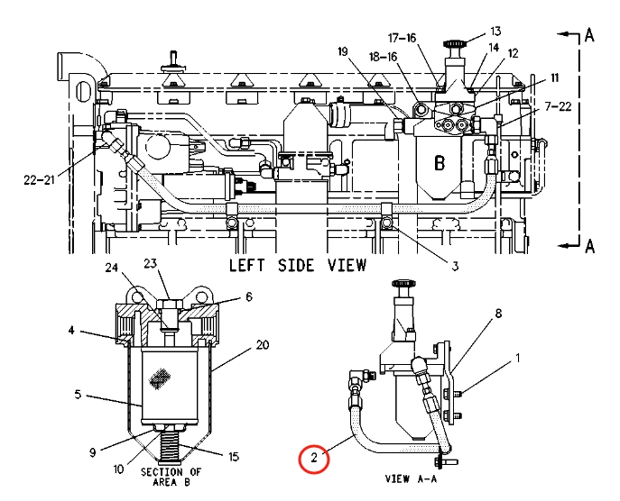 Caterpillar CAT®214B FT installation diagram showing hydraulic hose 8W-3109 at Pipe No. 2