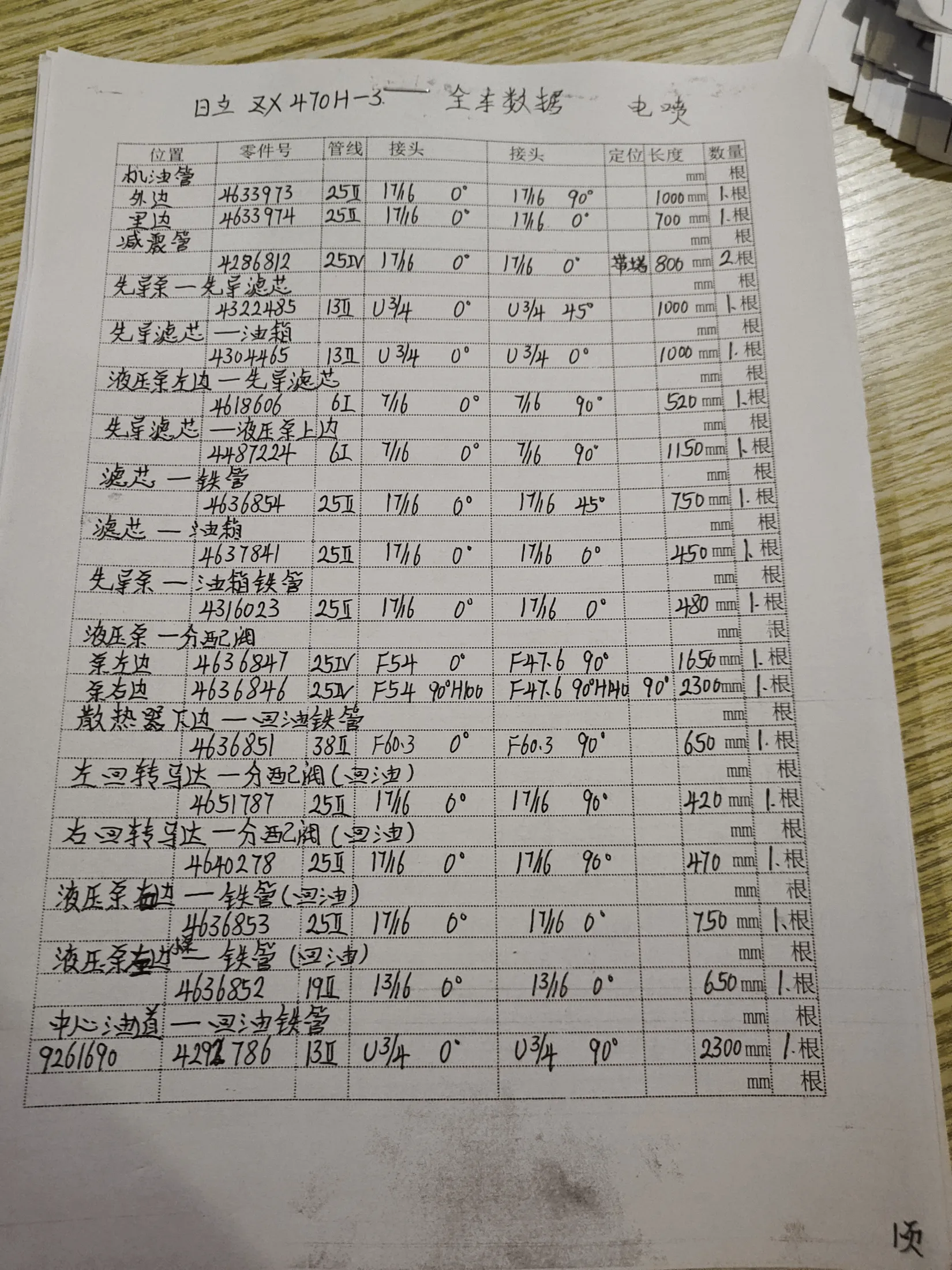 日立 ZX470H-3液压胶管零件号及记录长度— 技术员笔记页1共7页 — 已记录的胶管零件429278O