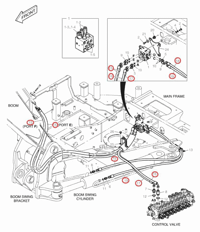 Doosan DX85R-3 installation diagram showing hydraulic hose DS2054525 at Pipe No. 15
