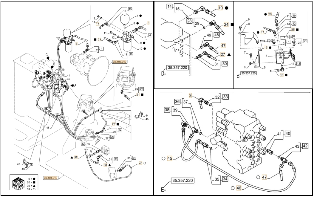 Case CX75C SR installation diagram showing hydraulic hose KHJ17570 at Pipe No. 47