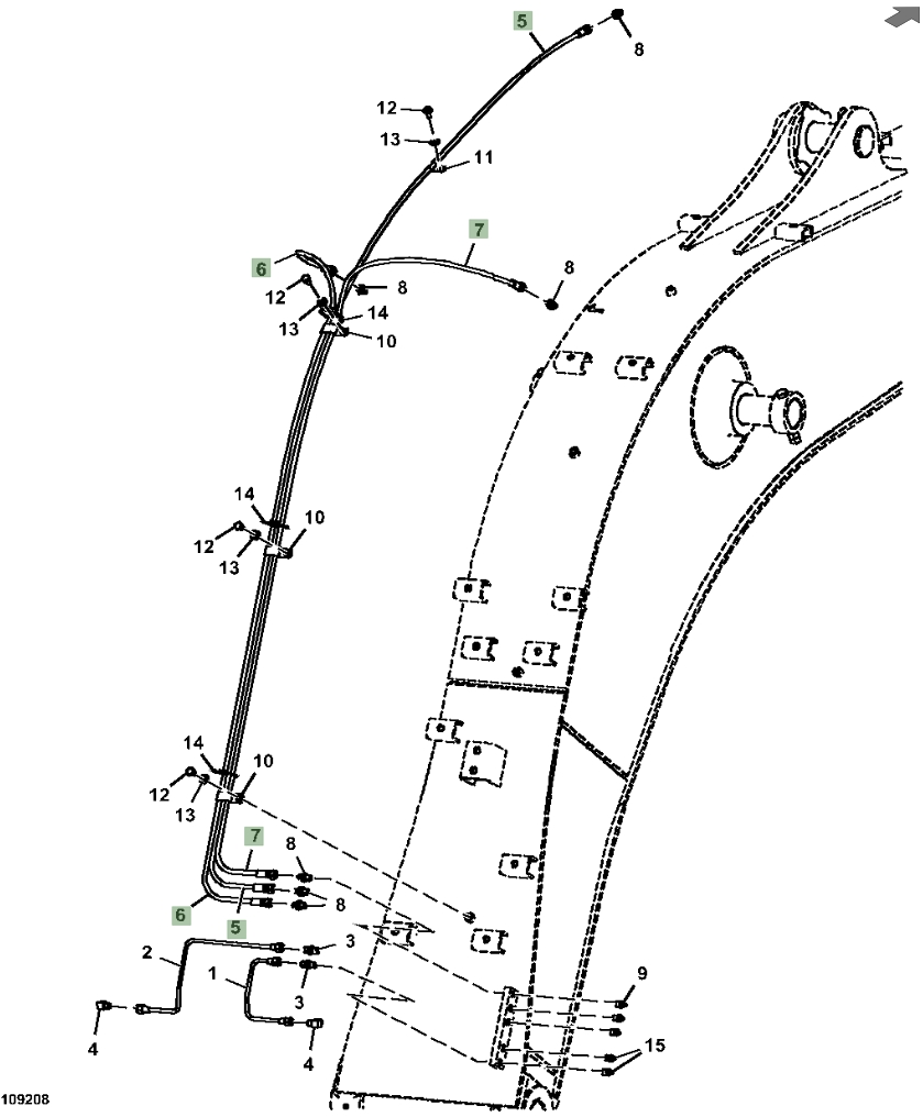 Hitachi ZX130-6N installation diagram showing hydraulic hose 4458065 at Pipe No. 7