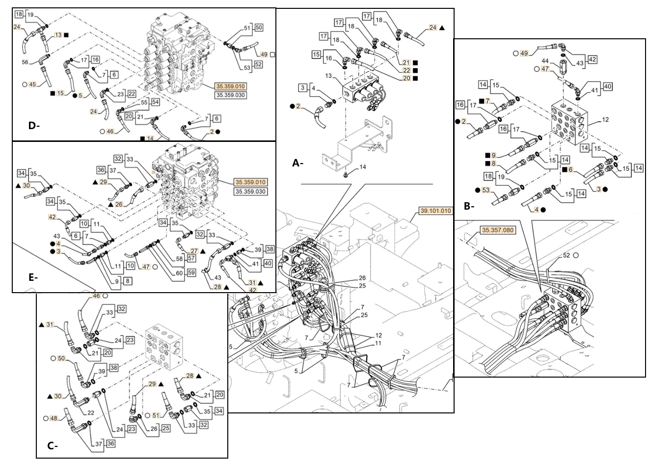 Case CX130E LC installation diagram showing hydraulic hose KHJ2327 at Pipe No. B47-E27