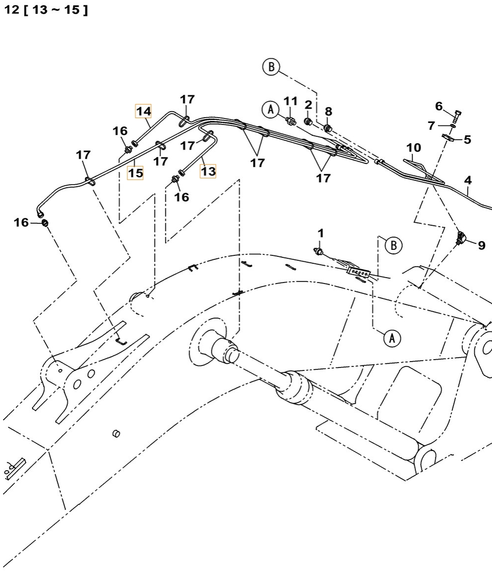 Case CX490C installation diagram showing hydraulic hose KHJ2083 at Pipe No. 14