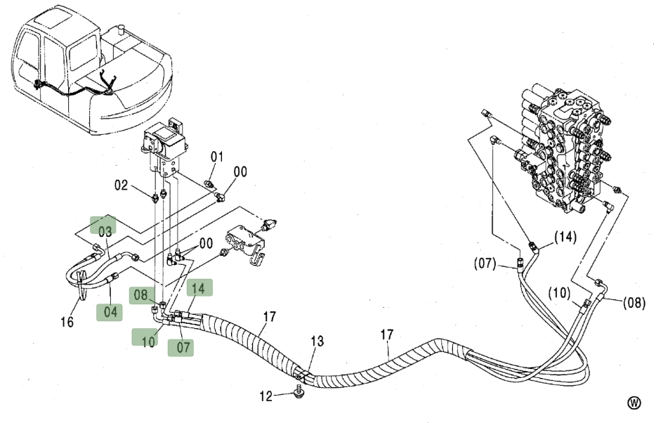 Hitachi ZX80 installation diagram showing hydraulic hose 4450181 at Pipe No. 8