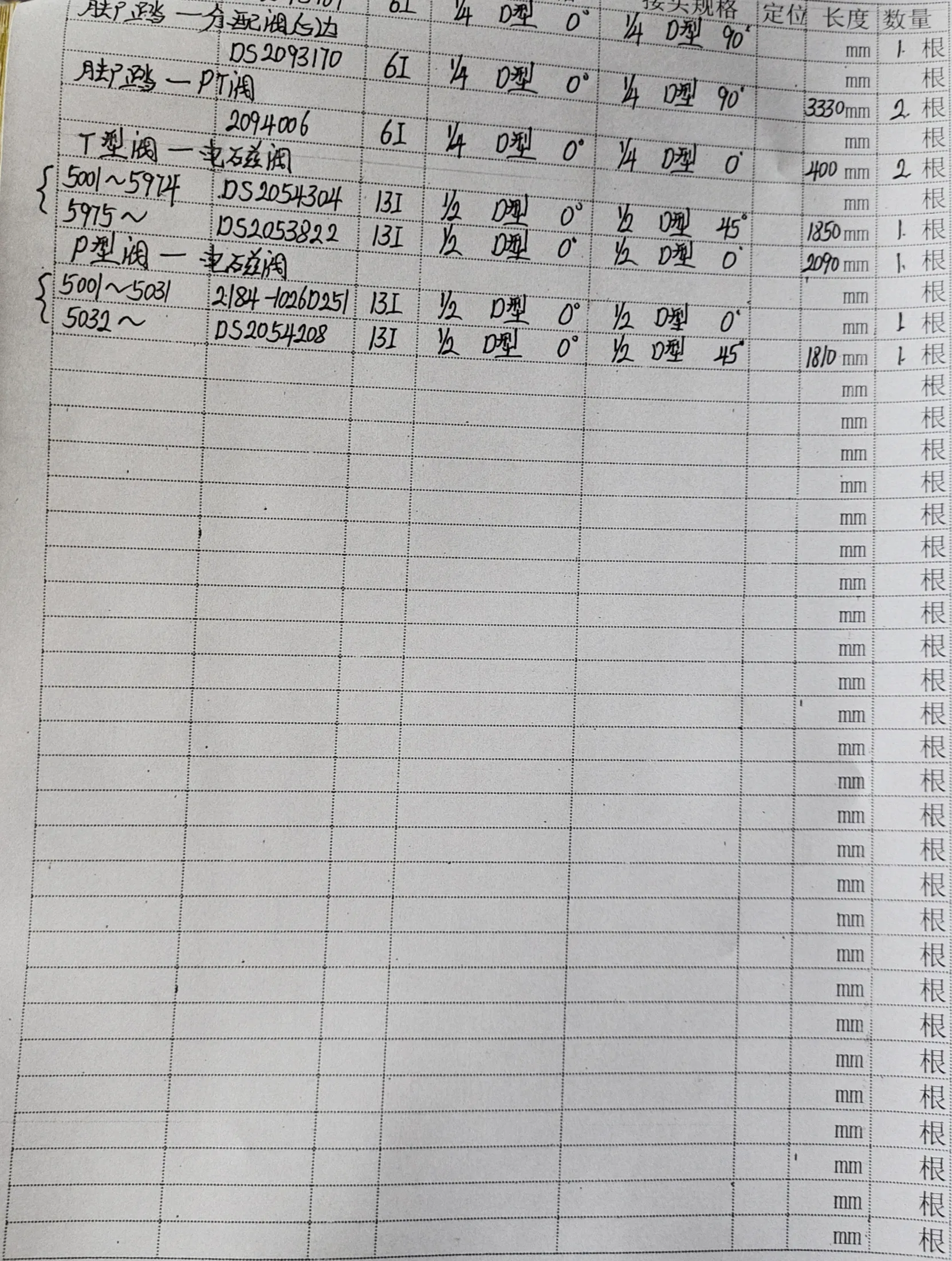 Doosan DX350LC hydraulic hose part numbers and recorded lengths — technician notebook page 5 of 5