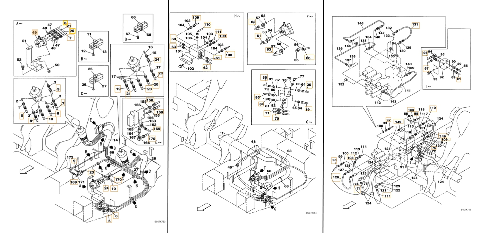 Case CX225SR installation diagram showing hydraulic hose KHJ2624 at Pipe No. 98